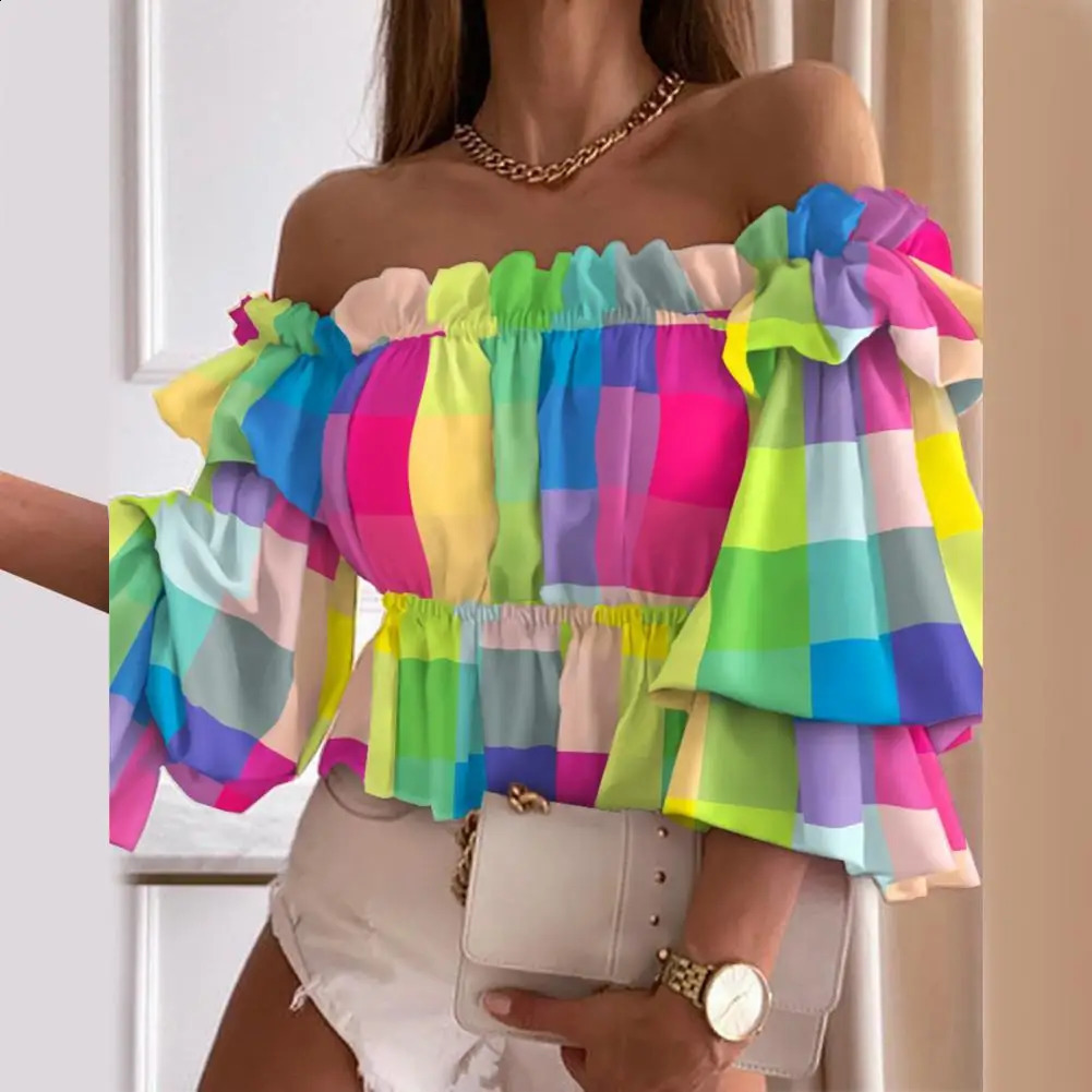 Off Shoulder Summer Ladies Multi-layer Top Colorful Pleated Autumn Blouse Fashion Women Ruffles Long Sleeve Shirt for Beach 250313