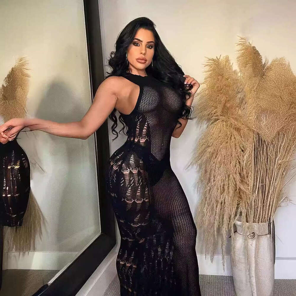 Hollow Mesh Sweater Style Vacation Sexy Long Skirt Knitted Slit Dress Summer