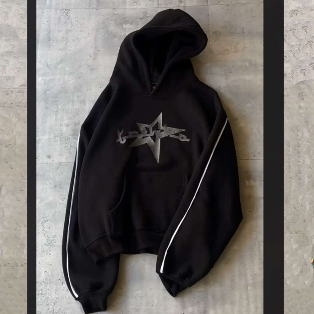 Ins trendy hooded autumn and winter style line letter star print loose long sleeved pullover hoodie set