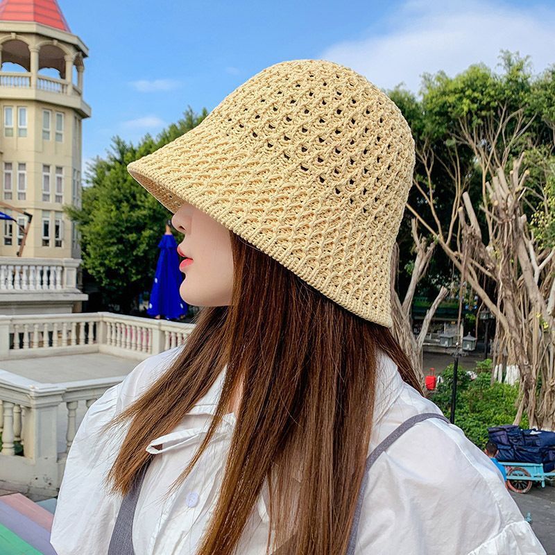 Spring and trendy woven hollow bucket summer sun protection straw hat, fashionable internet celebrity breathable baseball cap