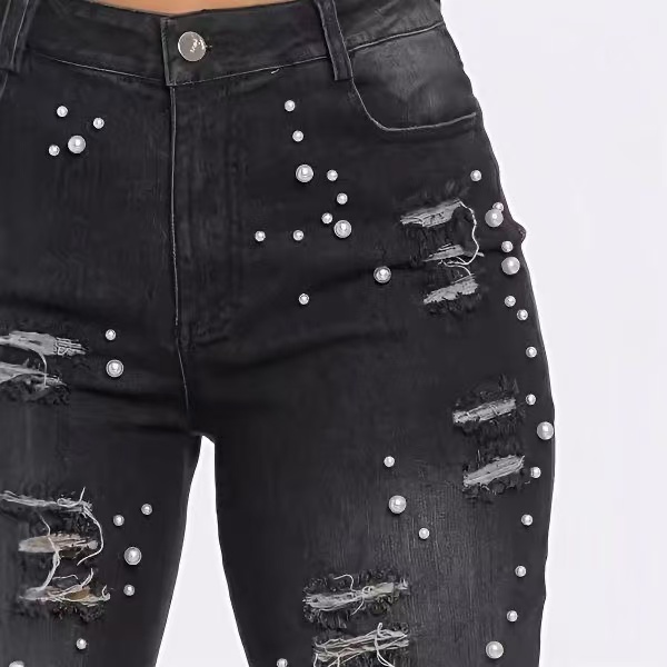 Women's Y2K Vintage High Waist Jeans - Tassel Hole Embellished Skinny Pants, Feather Trim Distressed Denim, Spring Streetwear Hollow Out Casual T