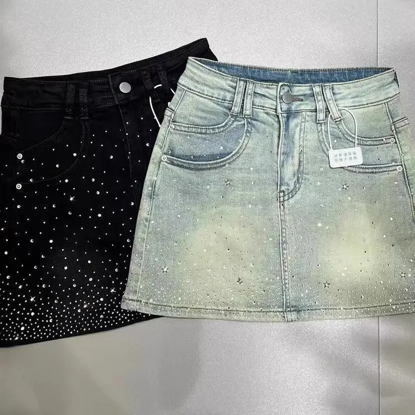 Starry Rhinestone Denim Skirt for Women Summer Retro Slimming a-Line Sheath Denim Skirt 250313