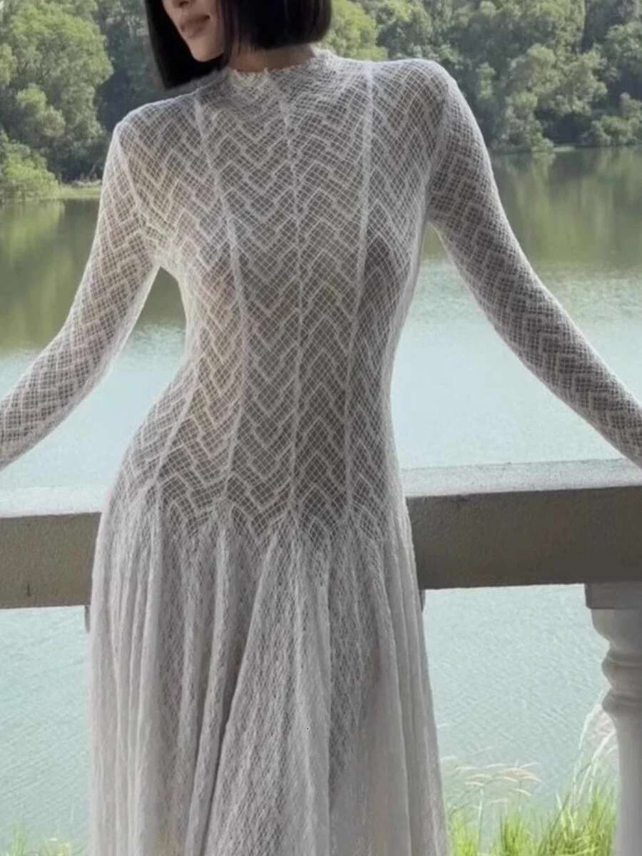 Solid Slimming Spliced Ruffles Dresses For Women Round Neck Long Sleeves Patchwork Hollow Out Dress Female Clothing