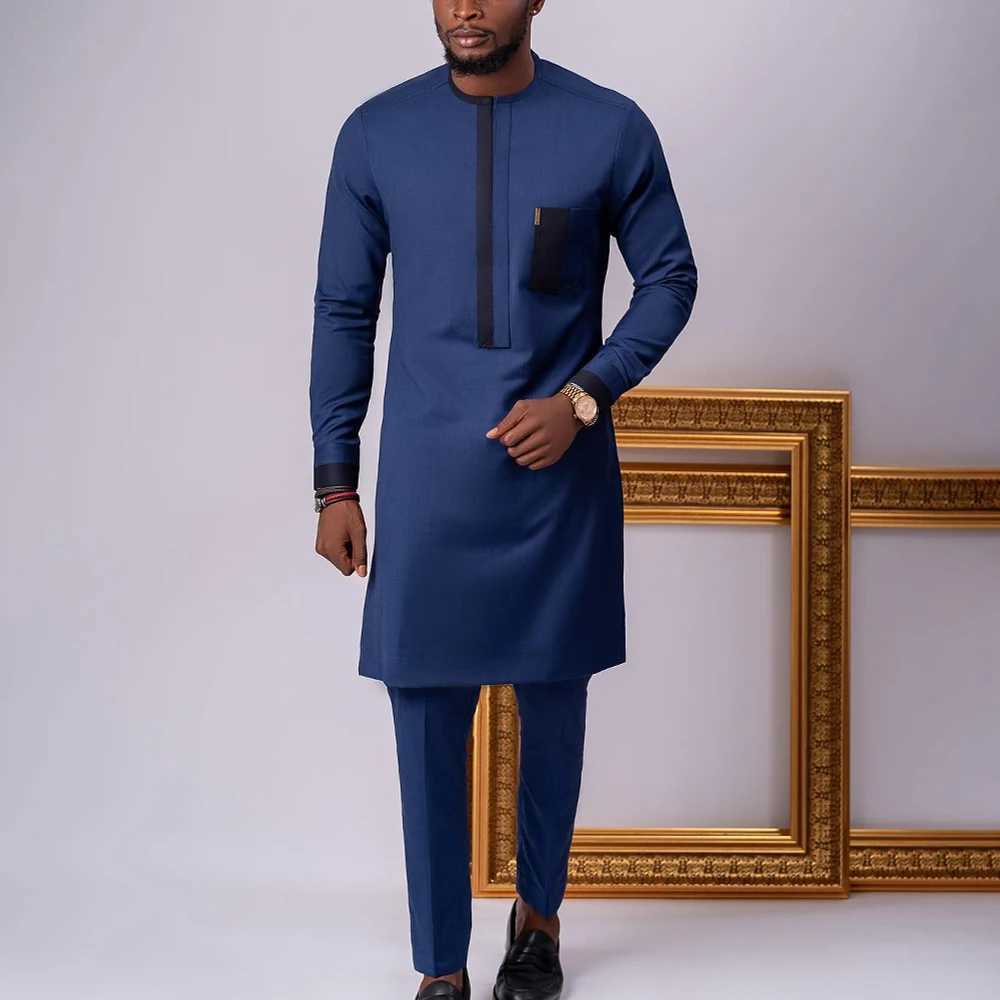 New 2PC African Traditional O-neck Clothing Dashiji Muslim Mens Luxury Brand Clothing Full Pants Set X250313