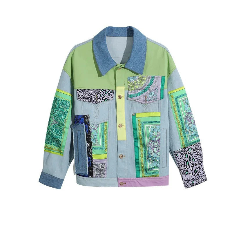 Jacket Women Streetwear New Pocket Lapel Fashion Print Spliced Denim Jackets Female Spring Autumn Loose Jeans Coat