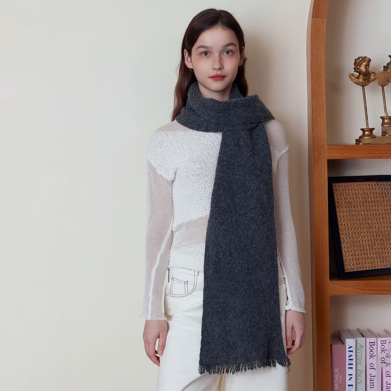 T278 raw edge solid color knitted scarf women's winter wool thick warm wool neck scarf trendy