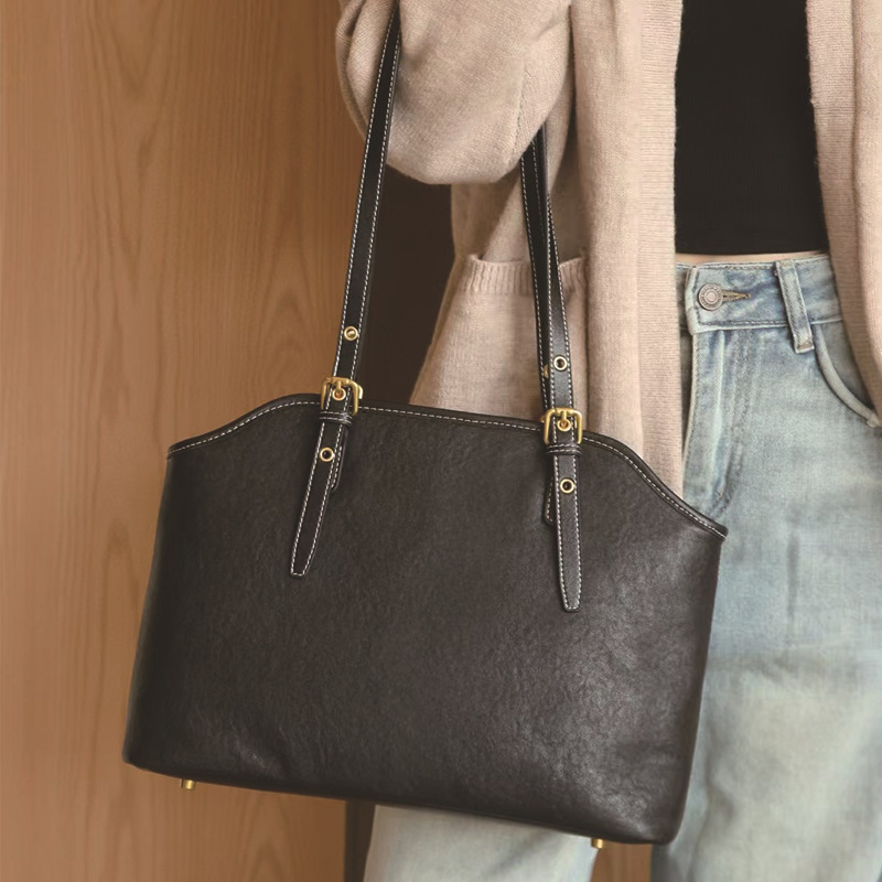 Women's Genuine Leather Women's High-End Sense, Niche Tote Bag, Large Capacity Single Shoulder Hand-Held Commuting Bag