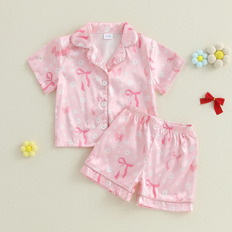Toddler Girls Summer Pajamas Set Flower Bow Print Button-Down Lapel Short Sleeve Shirt and Shorts Lounge Wear 2 Pcs Sets 250312