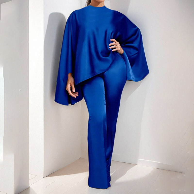 Women's Spring And Autumn Set, Stylish Solid Color Cloak Top, Micro Pull Up Pants, Two Piece Set