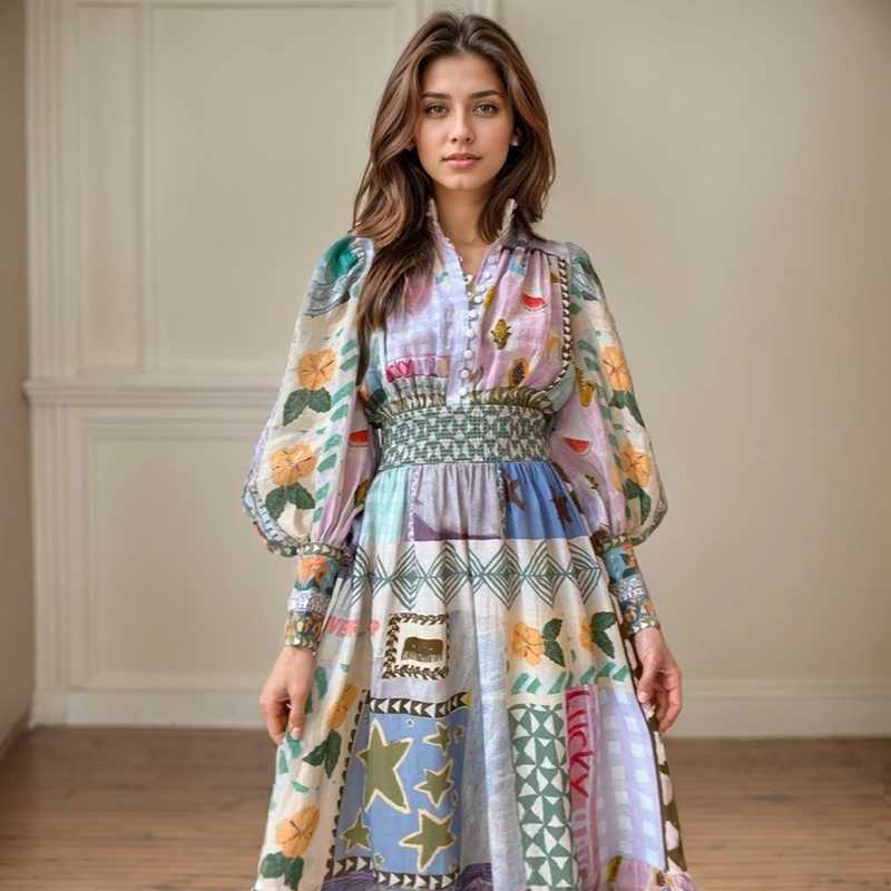 Urban Sexy Dresses Popular Midi Dr womens clothing European and American retro puffs Slve printed lantern Slve A-line waist pattern Swing Dr Y240312ZY