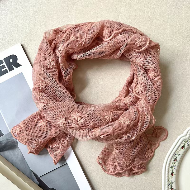 T281 knitted scarf female 2025 new small exquisite heavy embroidery lace embroidery long head scarf silk scarf