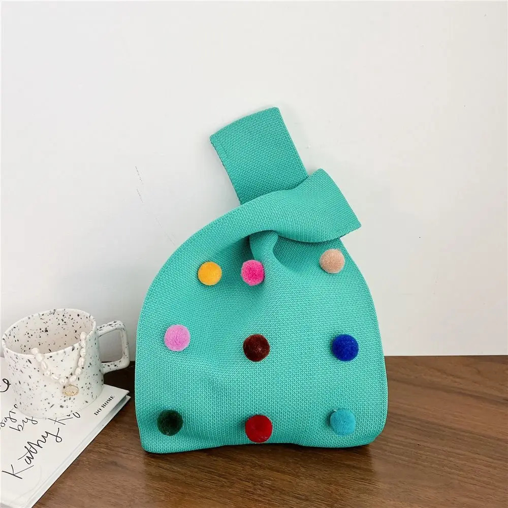 Mini Reusable Color Ball Shopping Bags Shoulder Bag Handmade Tote Bag Knit Handbag Knot Wrist Bag R250312