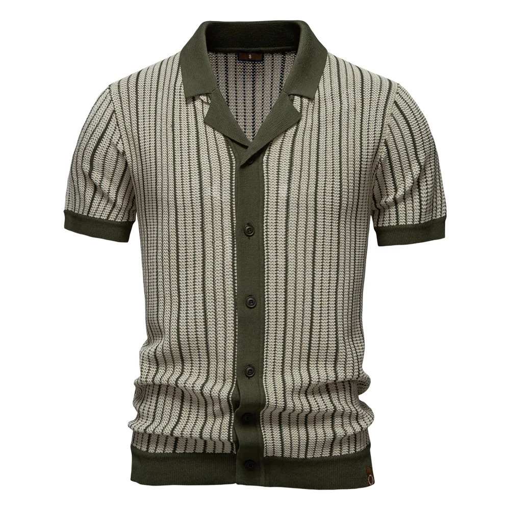 AIOPESON Mens Striped Mesh Polo Shirt Breathable Contrast Panel Knitted Top with Collar 250313