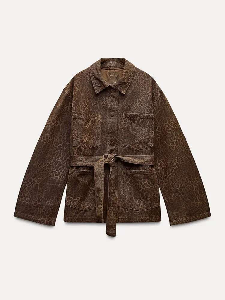 Leopard Printed Denim Single Breasted Belt Women's Coat Fashion Lapel Long Sleeve Short Jacket Fall New Lady Highstreet Outwear