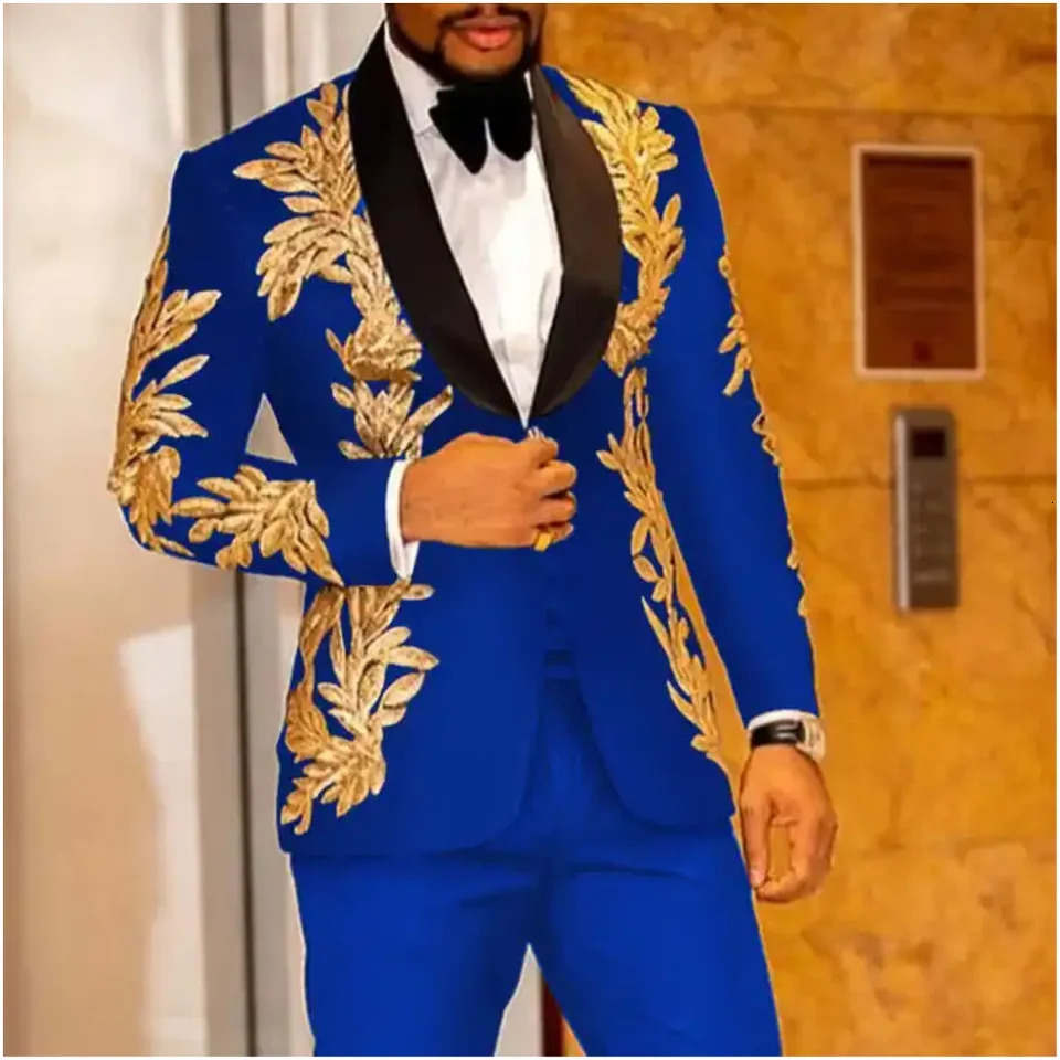 Royal Blue Shinny Embroidered Mens Suits 2 Pieces Sequin Blazers Tuxedos Wedding Groom Dress Stage Celebrity Host JacketPants 250312