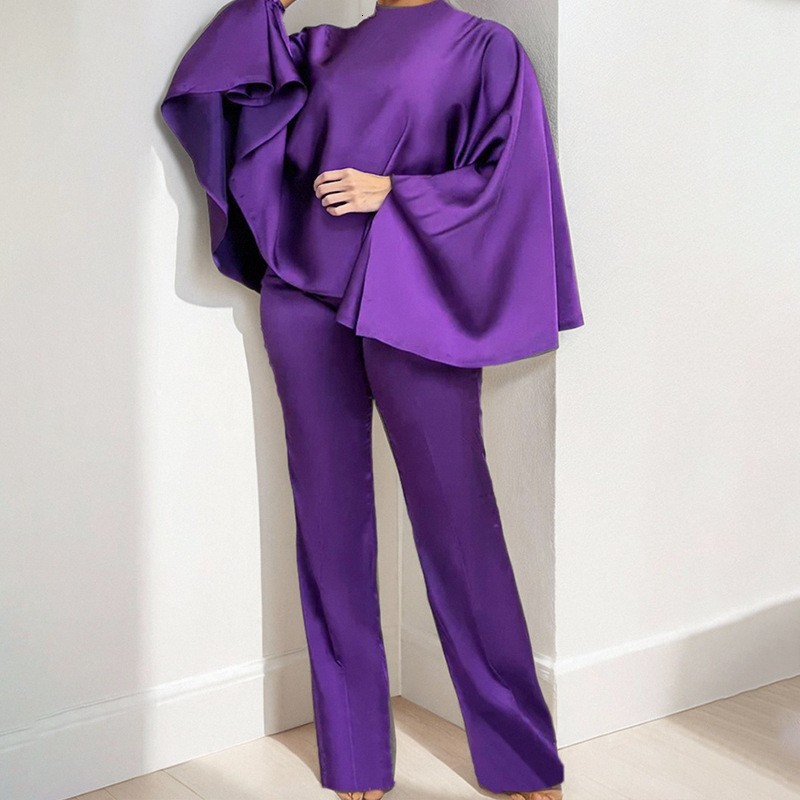 Women's Spring And Autumn Set, Stylish Solid Color Cloak Top, Micro Pull Up Pants, Two Piece Set