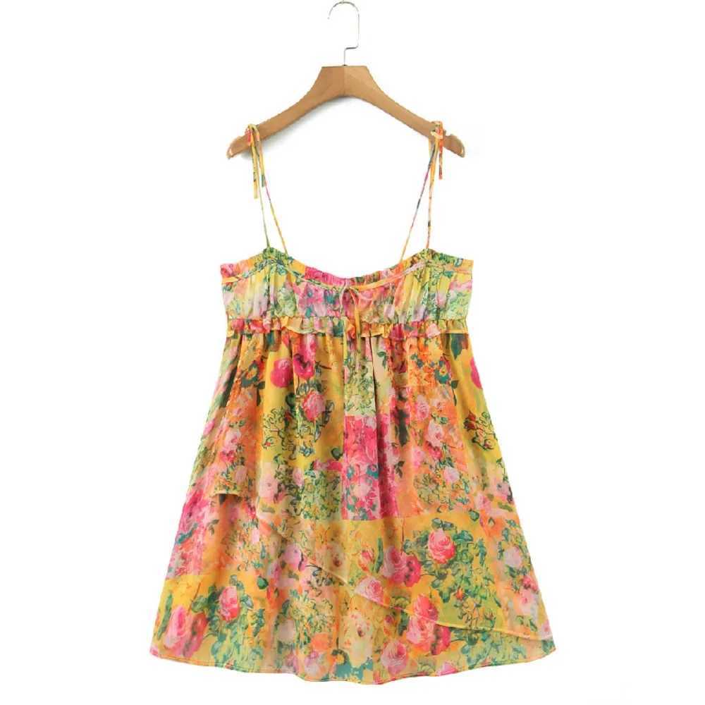 Urban Sexy Dresses Womens Bow Lace Strap Holiday Robe BOHO Ruched Chest Orange Flower Print spaghetti Strap Mini Dr Y2403125J06