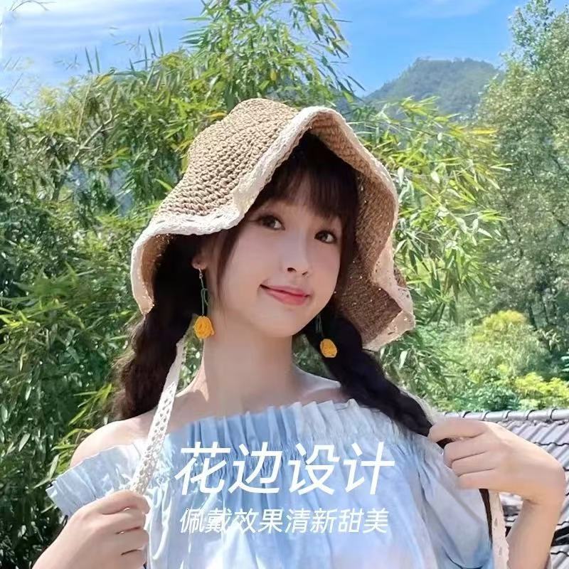 baseball Grass cap Sunshade 2025 Summer Lace Strap Fisherman's Beach Sunscreen Sun Hat Hollow out