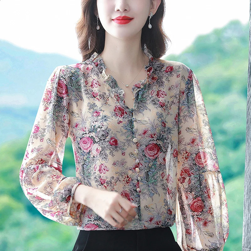 Fashion 3D Rose Printed Chiffon Shirt 2025 Spring Summer Pullovers Blouse Ruffled Collar 3/4 Sleeve Women Tops 250313