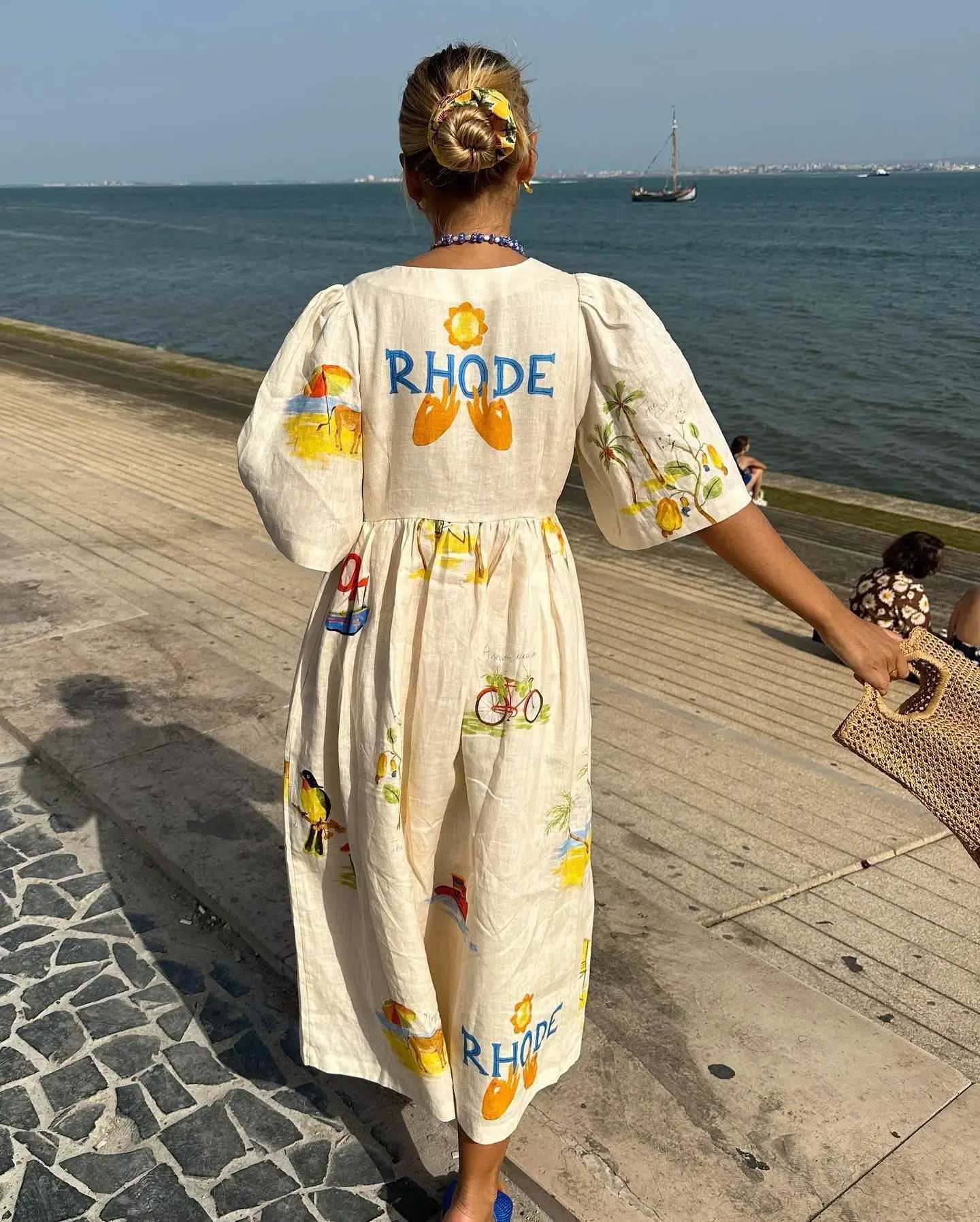 Urban Sexy Dresses Elegant Printed Dr Womens V-neck Puff Slve Loose Midi Womens Dress 2025 Summer Holiday Casual Womens Beach A-Line Vestitos Y2403121