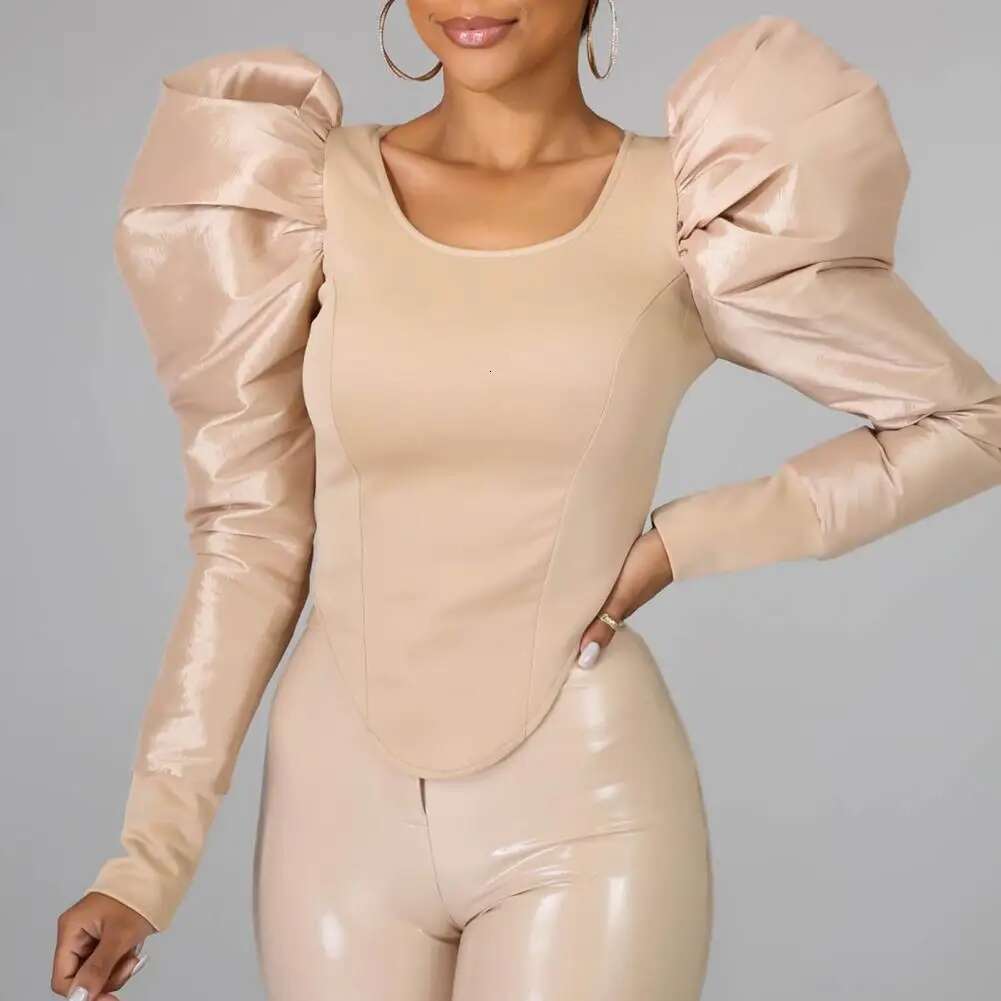 Women Casual Patchwork Outfits Puff Sleeve Stylish Pullover Top Female Spring Summer Skinny Blouse For Party
