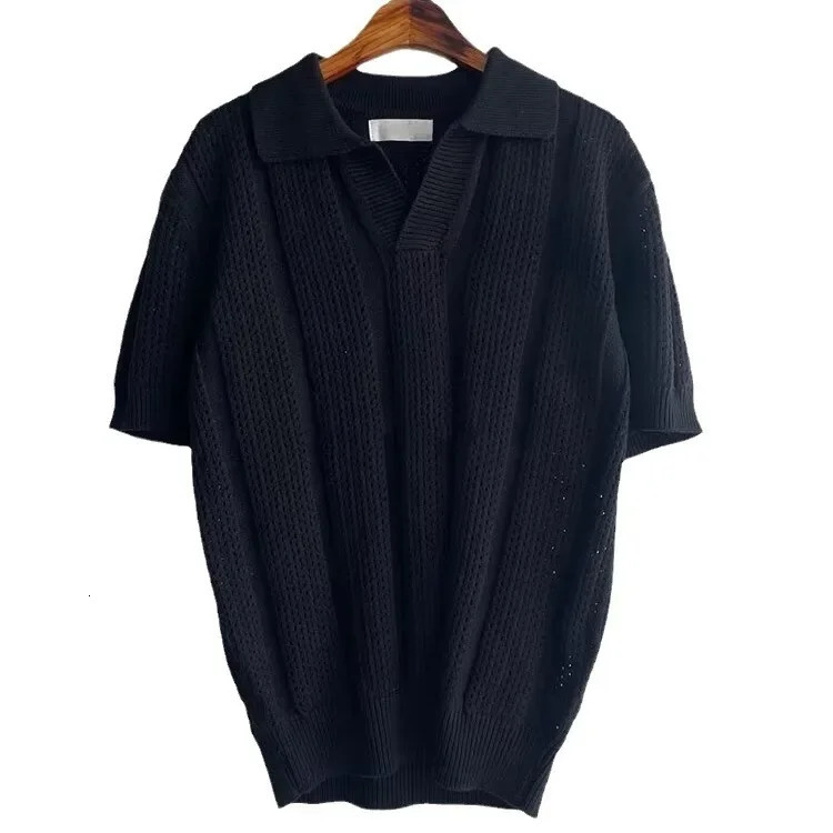 Mens Summer Korean Lightweight Knitted Top Polo Shirt Hollow Mesh Texture Casual Tshirt 250313