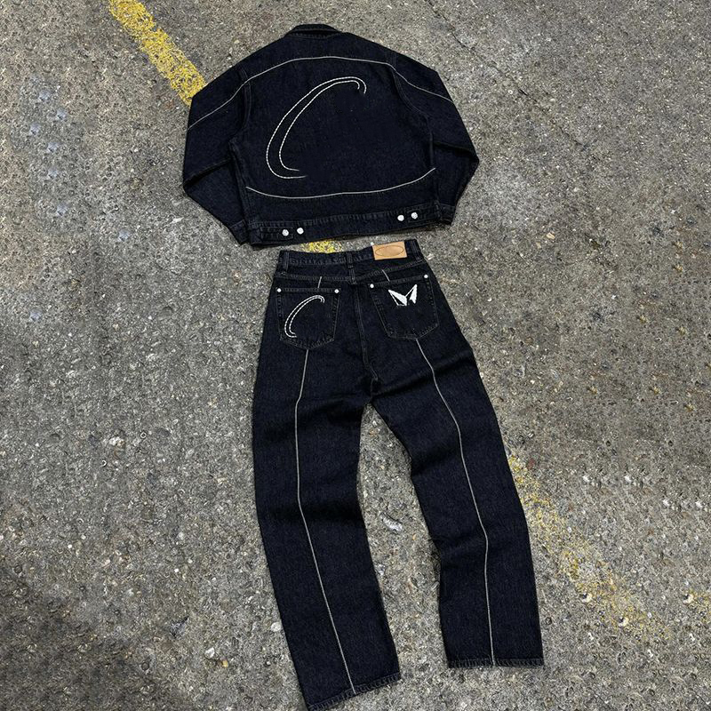 Top Designer Men's Tracksuits Embroidered Logo Vintage Hip Hop Denim Suit High Street Denim Jacket Loose Straight Jeans Streewear Two Piece Set 2