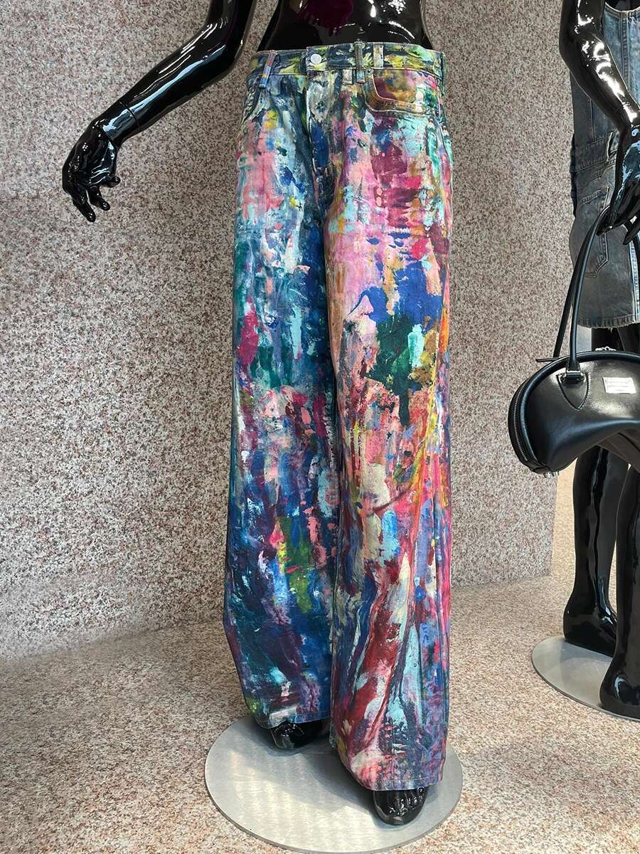 Unisex Aesthetic Paint Baggy Jeans Color Graffiti Straight Wide Leg Denim Pants Long Trousers Hip Hop Women Streetwear
