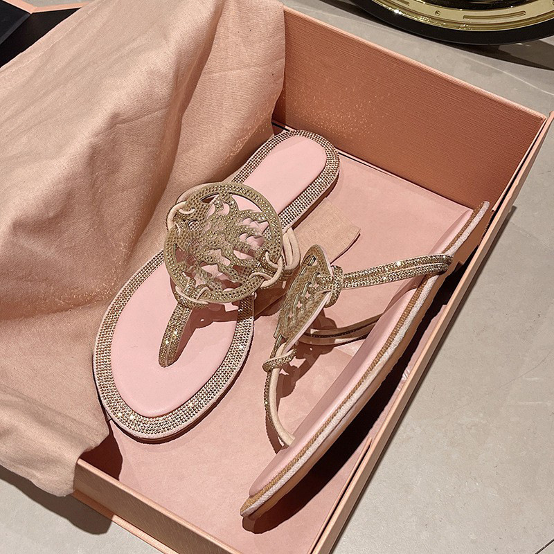 Designer Sandals 2025TB New Surrounding Rhinestone Flat Slide Women Ins Viral European Studded Toe Post Flip Flops Summer Beach Slippers