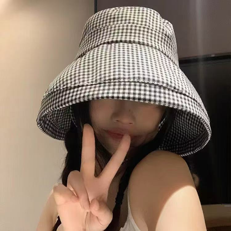 baseball cap Grid Fisherman's Female Korean Edition Summer Travel UV Protection Outdoor Big brimmed Sunshade Face Covering Beach Hat