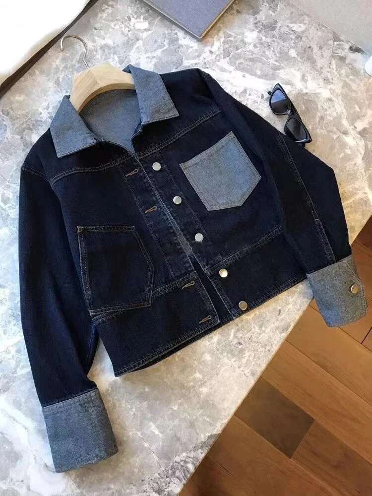 Retro Contrasting Color Laple Denim Jacket For Women Autumn New Loose Single-Breasted Coats Casual Versatile Short Top