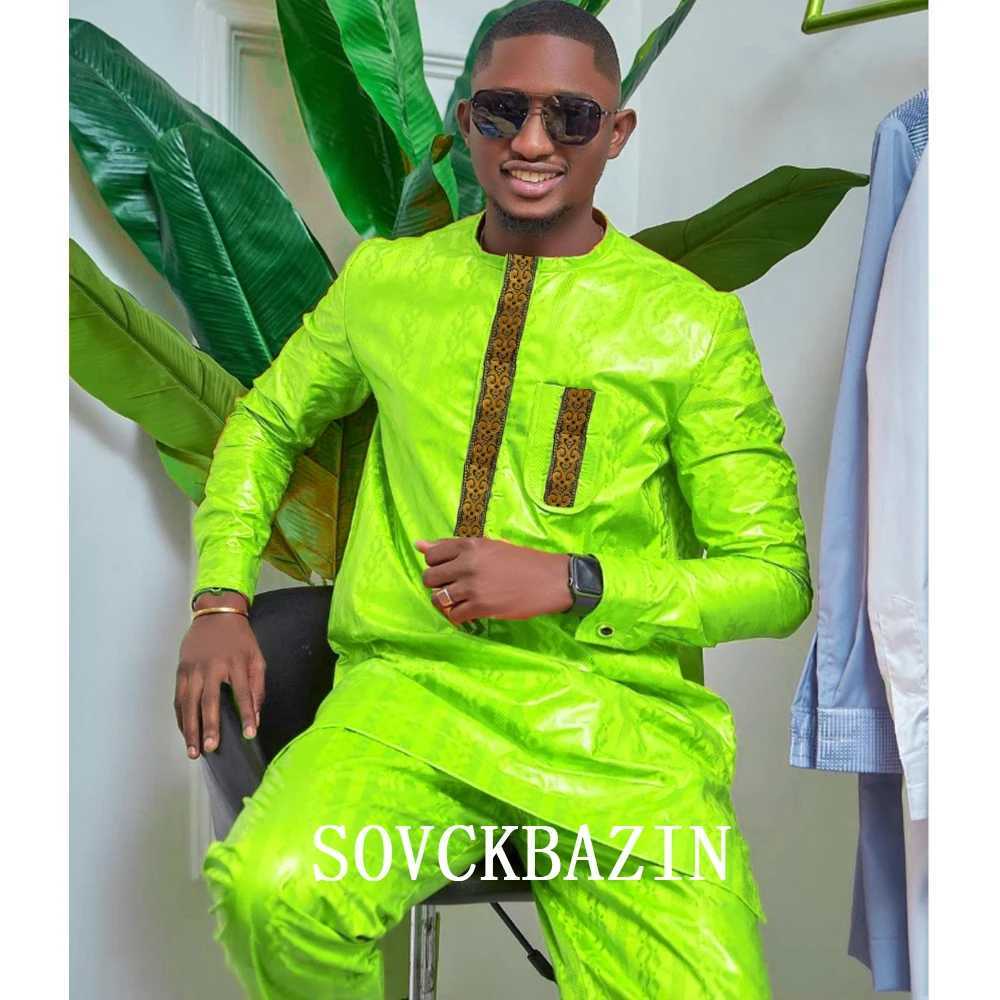 African Mens Top 2-piece Bazin Riche Mens Traditional Embroidered Shirt with Trouser Wedding Nigerian Robe X250313