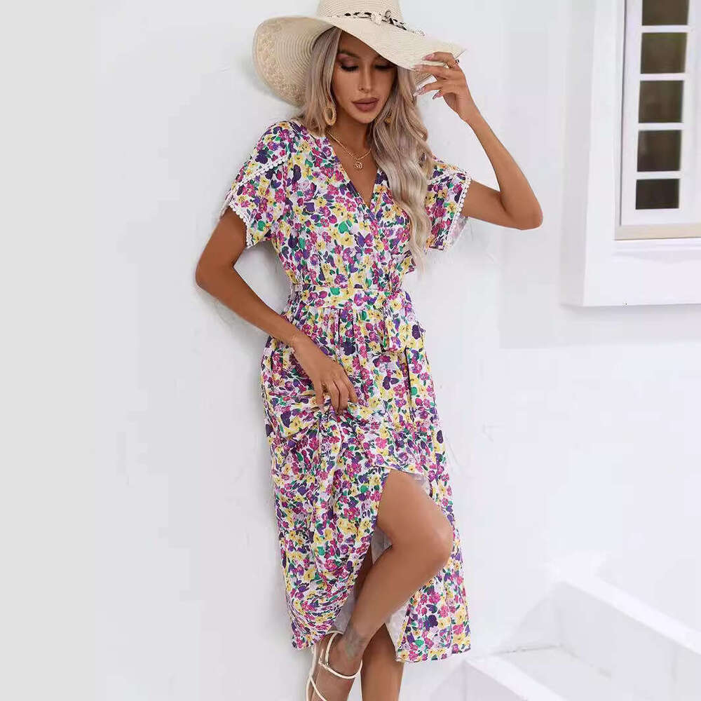 European and American popular dress summer small ral split V-neck women's 2025 new casual versatile fashion clothing