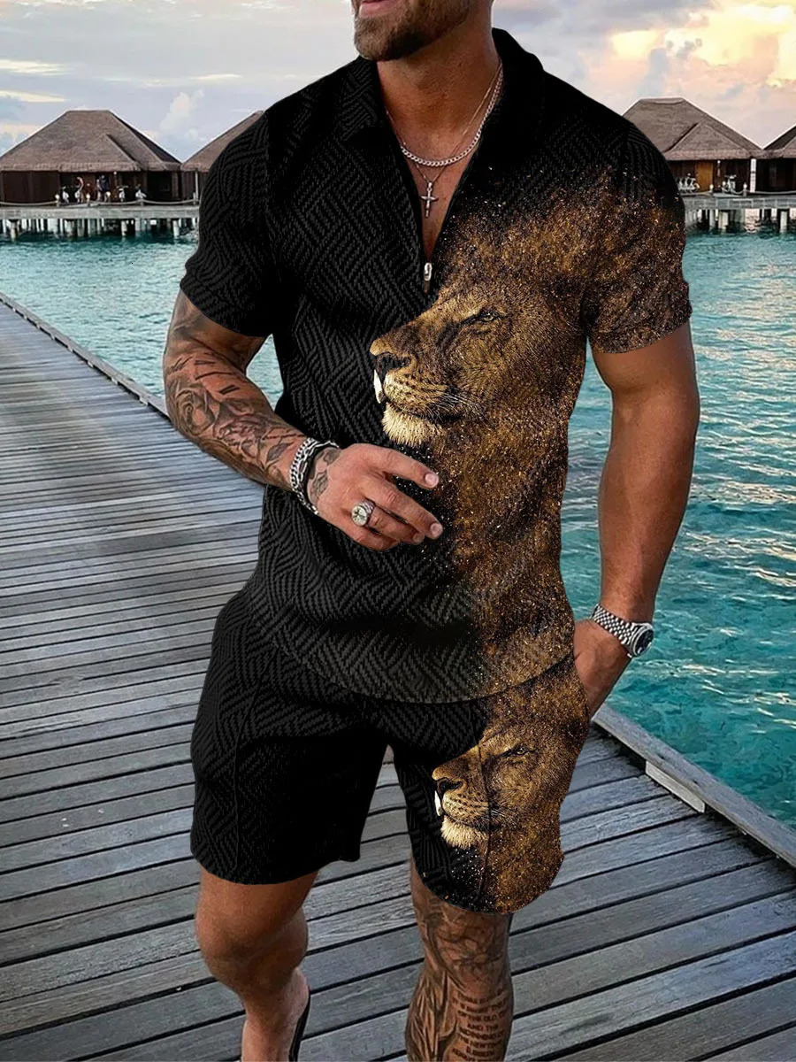 Summer mens sports patch work pattern short sleeved fashionable zipper polo shirt and shorts set casual streetwear 2pie 250313