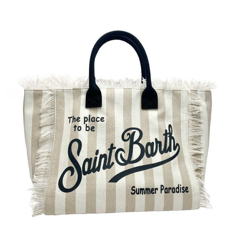 Saint Barth New Women's Large Capacity Casual Beach Canvas Striped Tassel Handheld Tote Bag 250315