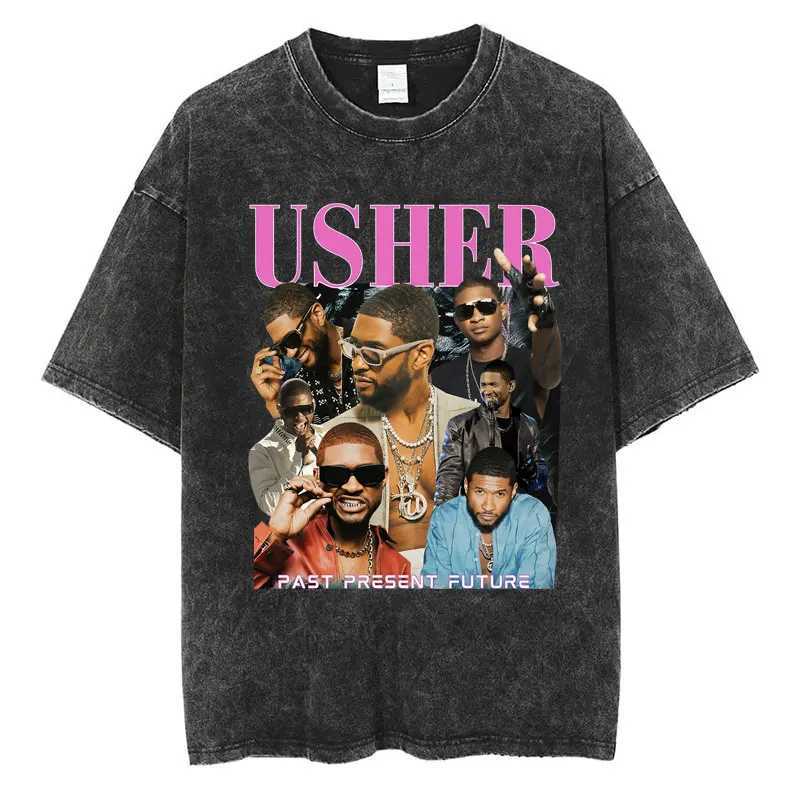 Rapper Usher Graphic Washed T Shirt Vintage Harajuku Men Women Oversized T-shirts Cotton Casual Fashion Summer Ts Strtwear X250313