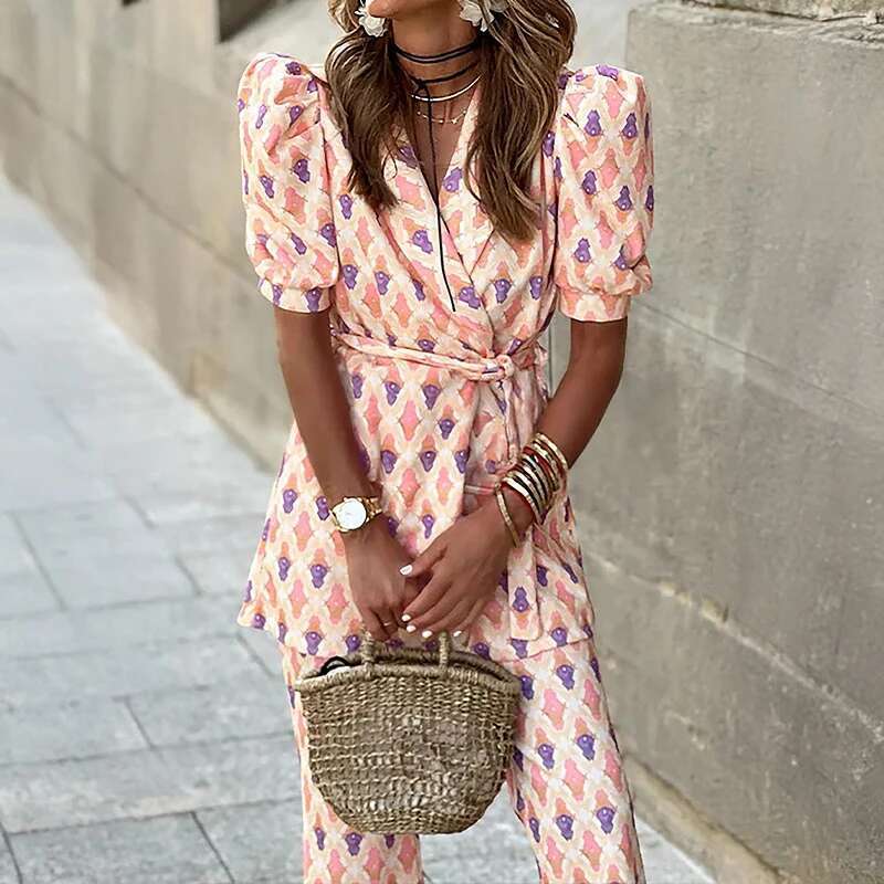 Women Casual Puff Sleeve Shirts Outfits Fashion Lapel Collar Lace-Up Top & Long Pant Set Elegant Pattern Printed Commuter Suits