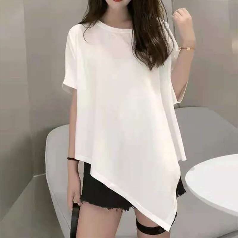 Summer Women Irregular Oversized T-Shirt Koreon Clothing Fashion Female Short Sleeve Tees All-Match Loose Pullover Casual Tops