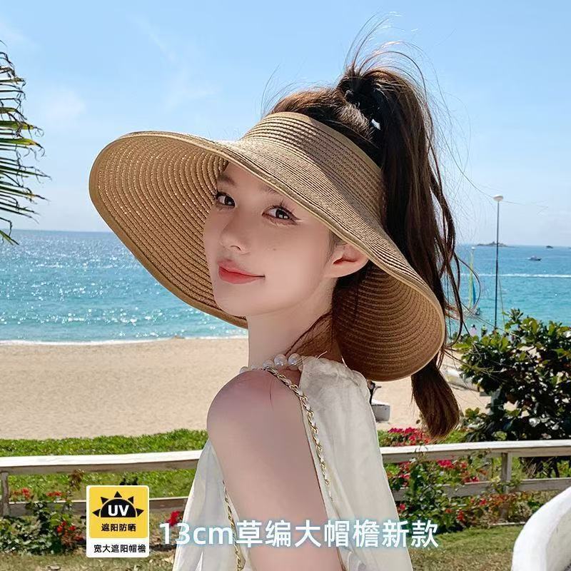 baseball cap Straw woven butterfly empty top foldable beach photo, women's summer face covering hat, sun protection hat