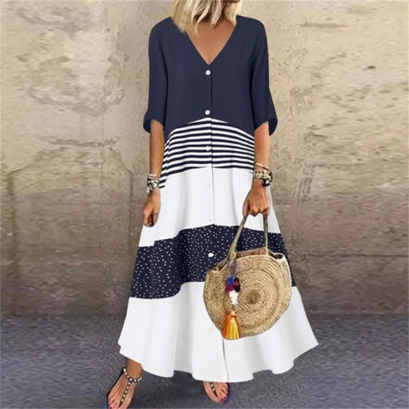 Vintage Print Maxi Dress Women Spring Summer Casual V-neck Short Sleeve Button Oversize Loose Dress Elegant Long Dresses Female 250313