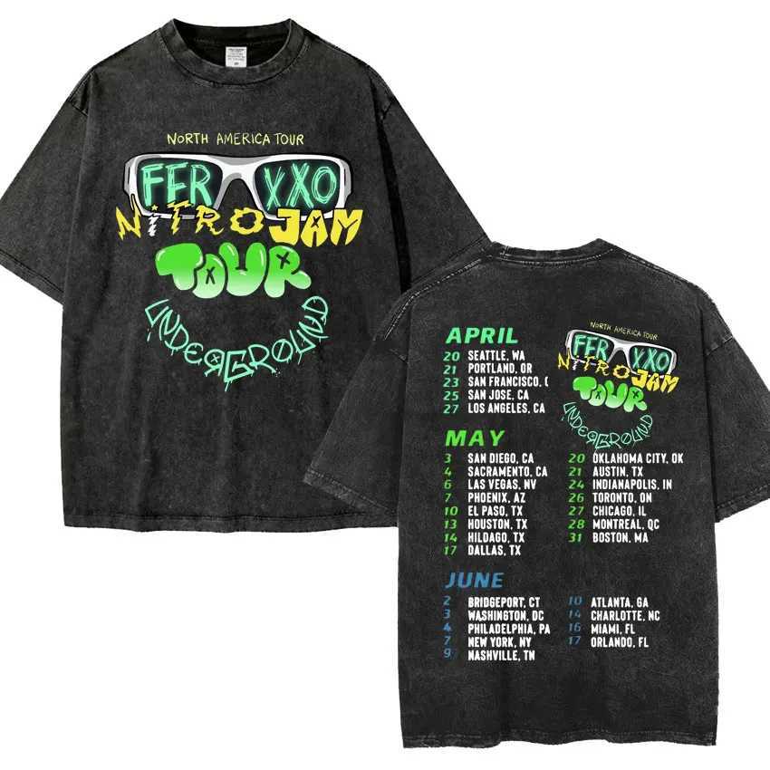 Feid Ferxxo World Tour 2024 Retro Washed T Shirt Men Women 90s Hip Hop Style Short Slve T-shirts Fashion Casual Oversized Ts X250313
