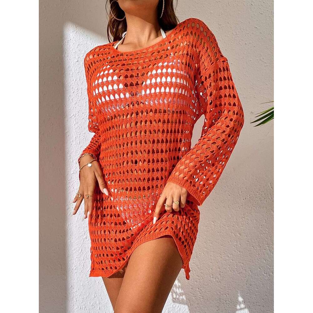 European American bikini mesh hollow knitted sweater swimsuit beach summer women's dress 2025 new style chic and elegant clothing