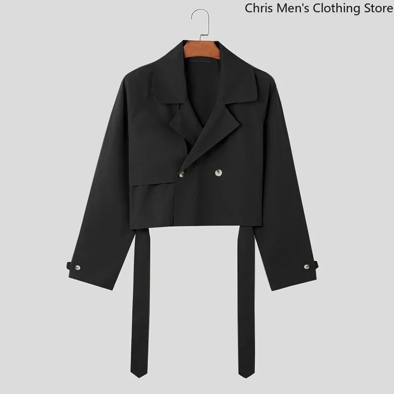Fall Fashion Loose Mens Short Trench Coat Super Cool Street Motorcycle Lapel Laceup Cargo Male Jacket 250313