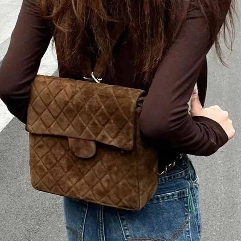 Designer Bags Diamond Lattice Vintage Suede Leather backpack for womens luxurys Gold hardware Shoulder bag with box