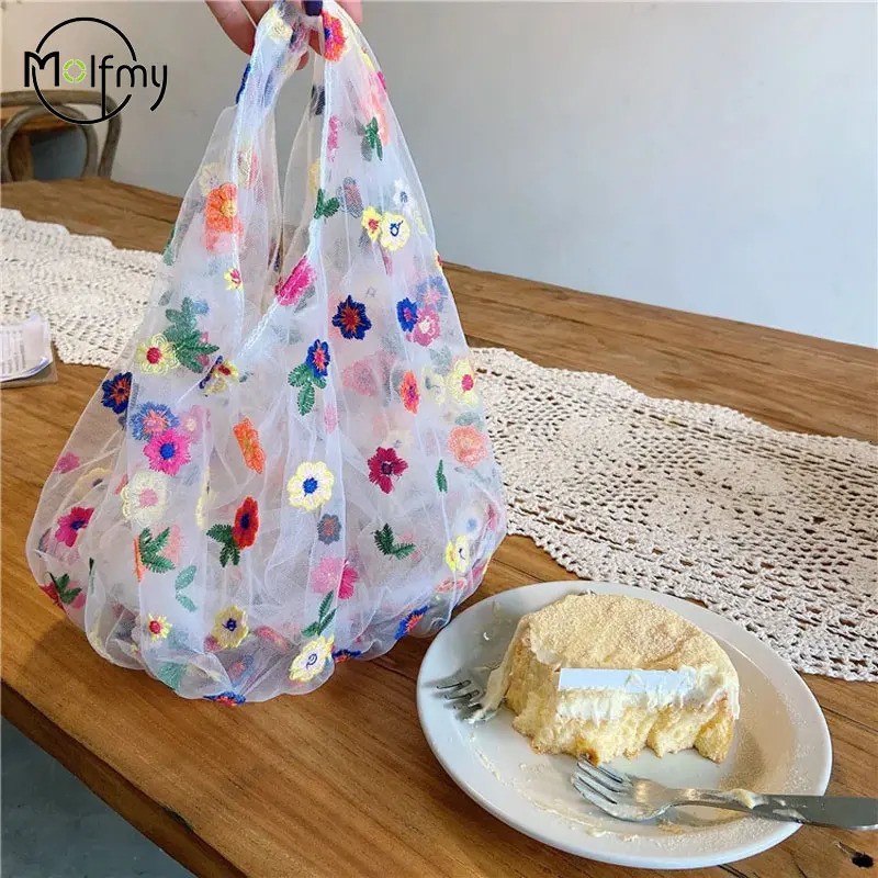 Transparent Womens Bag Silk Mesh Embroidery Flower Designer Luxury Bags Small Fresh Shopping Tote Bag Carteras Para Mujeres R250312