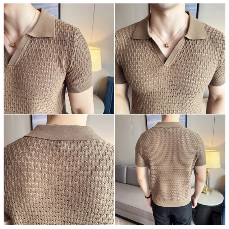 Purple mens Vneck polo shirt daily casual short sleeved top fashionable hollow knit 3XLM 250313
