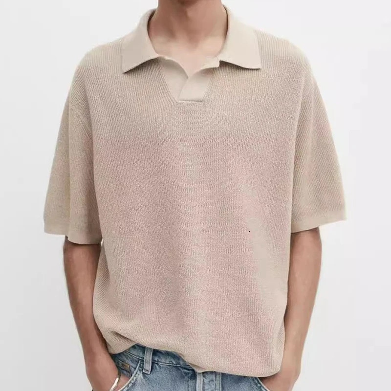 Fashion solid color knitted polo shirt mens spring and summer casual collar jumping top breathable 250313