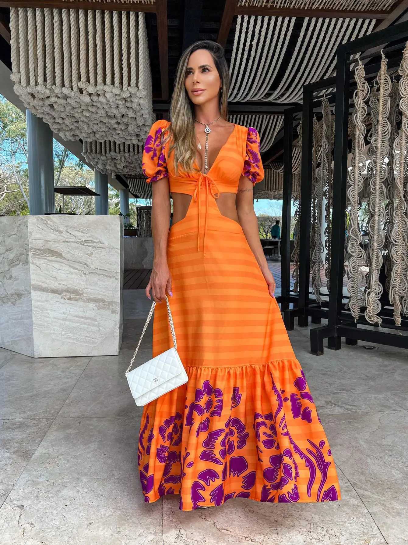 Urban Sexy Dresses V Neck Print Long Dr Women Cut Out Elegant Short Slve Halter Maxi Dr Summer Bodycon Evening Party Clothing Y2403121P52