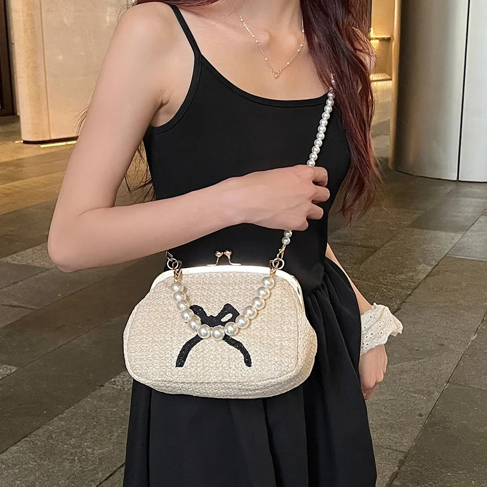 Summer Straw Bag Women Bow Shoulder Bags Pearl Chain Clutch Luxury Top Hand Bag Fashion Handbag Purses Crossbody Bag for Women R250312