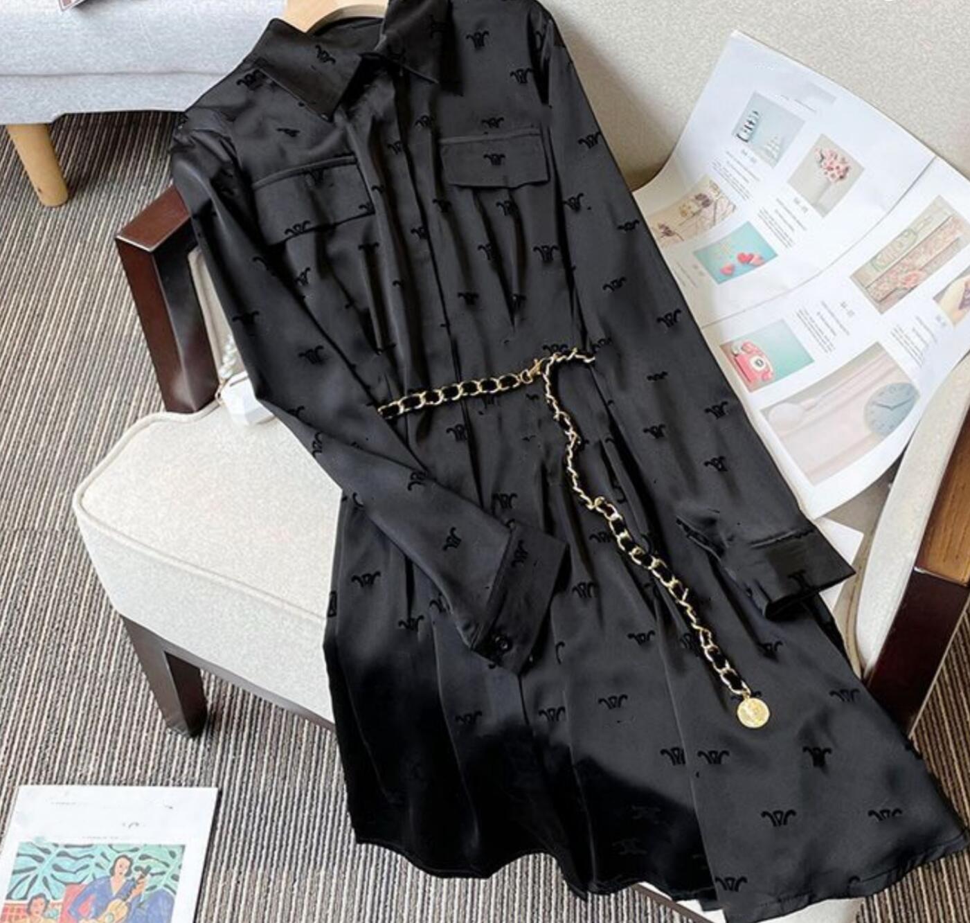 Women turn down collar logo flocking pattern slim waist chain belt medium long desinger shirt dress SMLXLXXL3XL4XL